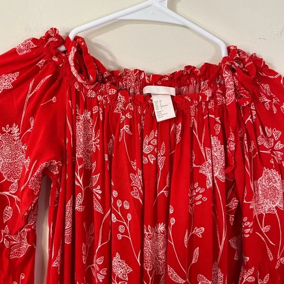 H&M Red White Floral Off The Shoulder Flounced Hem Summer Dress - Picture 6 of 9